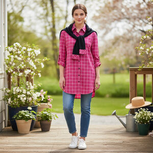 PUANLI Women's pink window pain plaid button down shirt tunic cat graphic XL